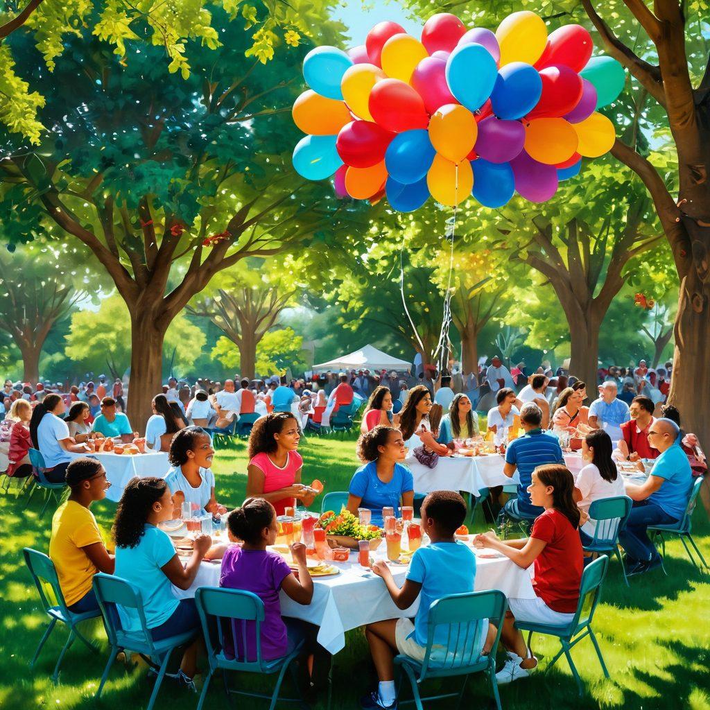 A vibrant community gathering in a sunlit park, showcasing diverse individuals of all ages engaging in joyful activities: sharing meals, playing games, and laughing together. Colorful decorations and balloons enhance the festive atmosphere, while lush greenery surrounds the scene. Include elements that symbolize connection, like intertwining hands or linked hearts. bright colors. lively and cheerful vibe. painting.