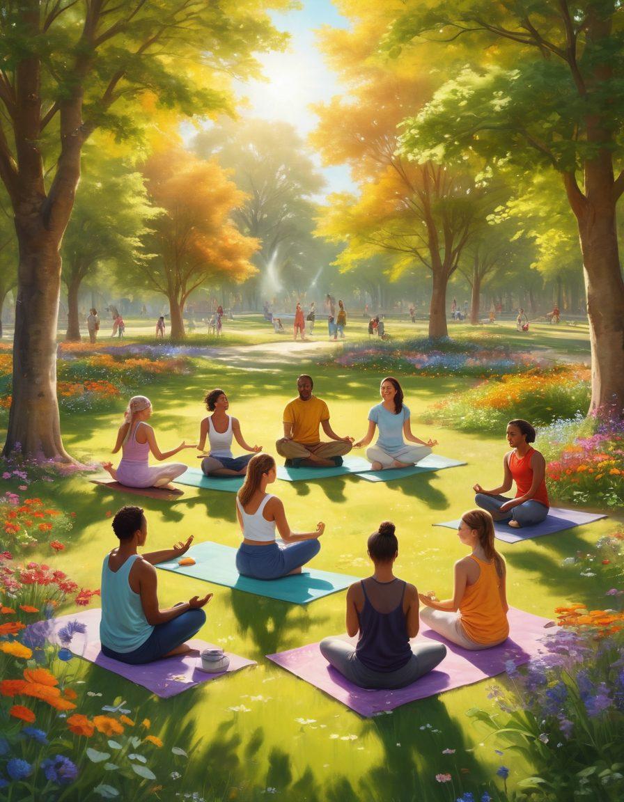 A heartwarming scene featuring diverse groups of people engaging in various joyful activities, like sharing meals, playing games, and practicing yoga together in a sunny park. Bright colors and smiles radiate happiness, symbolizing connection and well-being. Wildflowers bloom around them, enhancing the feeling of harmony in nature. super-realistic. vibrant colors. cheerful atmosphere.