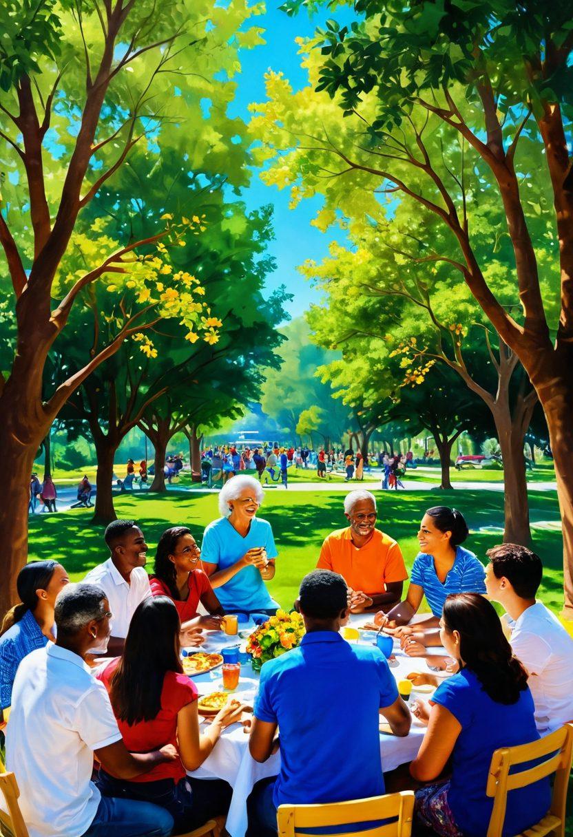 A warm, inviting community gathering with people of diverse backgrounds laughing and sharing joyful moments under a bright blue sky. Include elements of nature, like colorful flowers and lush greenery, symbolizing growth and connection. Showcase a central circle of friends enjoying activities like painting, playing games, and sharing food. Add soft sunlight filtering through the trees, creating a blissful atmosphere. vibrant colors. super-realistic.